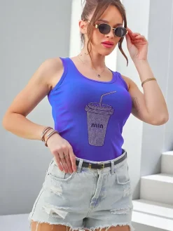 Online Bawełniana bluzka damska na ramiączkach z kubeczkiem z cyrkonii Bluzki / Koszule / Koszulki