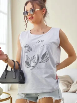 Outlet Bawełniana bluzka damska na ramiączkach z cyrkoniami FLOWERS Bluzki / Koszule / Koszulki