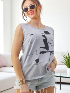 Bawełniana bluzka damska na ramiączkach z nadrukiem i cyrkoniami Bluzki / Koszule / Koszulki