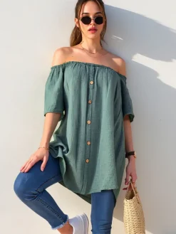 Clearance Bawełniana bluzka damska a'la hiszpanka z ozdobnymi guzikami Bluzki / Koszule / Koszulki