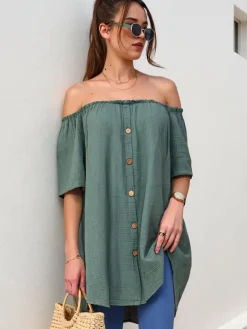 Clearance Bawełniana bluzka damska a'la hiszpanka z ozdobnymi guzikami Bluzki / Koszule / Koszulki