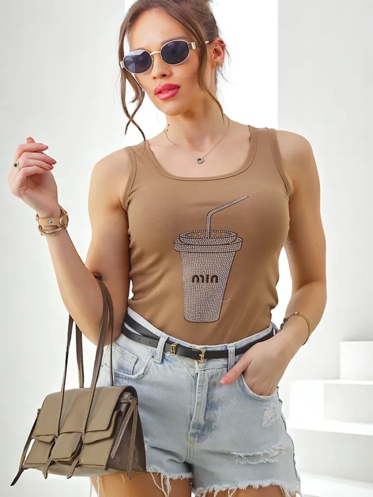 Sale Bawełniana bluzka damska na ramiączkach z kubeczkiem z cyrkonii Bluzki / Koszule / Koszulki