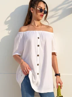 Hot Bawełniana bluzka damska a'la hiszpanka z ozdobnymi guzikami Bluzki / Koszule / Koszulki