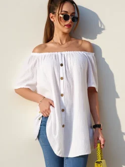 Hot Bawełniana bluzka damska a'la hiszpanka z ozdobnymi guzikami Bluzki / Koszule / Koszulki