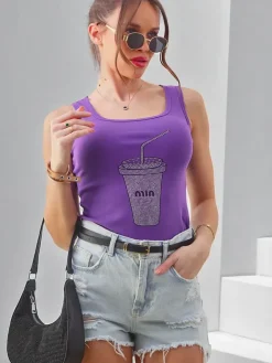 Outlet Bawełniana bluzka damska na ramiączkach z kubeczkiem z cyrkonii Bluzki / Koszule / Koszulki