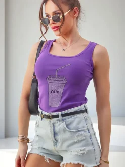 Outlet Bawełniana bluzka damska na ramiączkach z kubeczkiem z cyrkonii Bluzki / Koszule / Koszulki