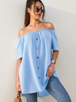 New Bawełniana bluzka damska a'la hiszpanka z ozdobnymi guzikami Bluzki / Koszule / Koszulki