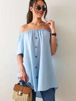 New Bawełniana bluzka damska a'la hiszpanka z ozdobnymi guzikami Bluzki / Koszule / Koszulki