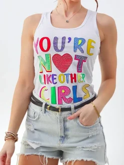 Discount Bawełniana bluzka bokserka damska na ramiączkach z napisami Bluzki / Koszule / Koszulki