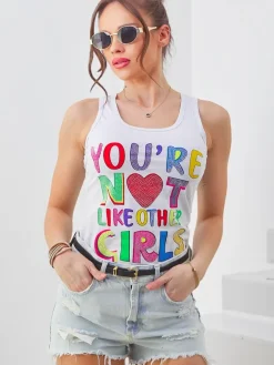 Discount Bawełniana bluzka bokserka damska na ramiączkach z napisami Bluzki / Koszule / Koszulki