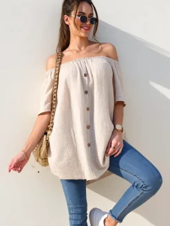 Clearance Bawełniana bluzka damska a'la hiszpanka z ozdobnymi guzikami Bluzki / Koszule / Koszulki