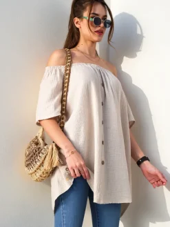 Clearance Bawełniana bluzka damska a'la hiszpanka z ozdobnymi guzikami Bluzki / Koszule / Koszulki