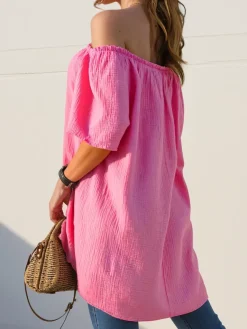 Outlet Bawełniana bluzka damska a'la hiszpanka z ozdobnymi guzikami Bluzki / Koszule / Koszulki