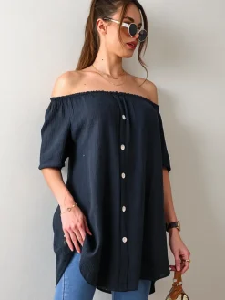 Discount Bawełniana bluzka damska a'la hiszpanka z ozdobnymi guzikami Bluzki / Koszule / Koszulki