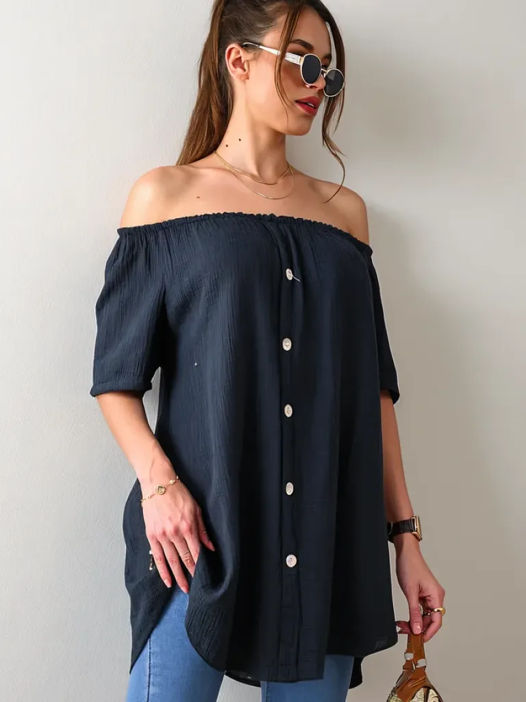 Discount Bawełniana bluzka damska a'la hiszpanka z ozdobnymi guzikami Bluzki / Koszule / Koszulki