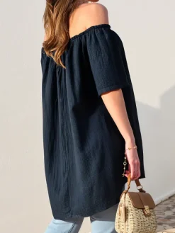 Discount Bawełniana bluzka damska a'la hiszpanka z ozdobnymi guzikami Bluzki / Koszule / Koszulki