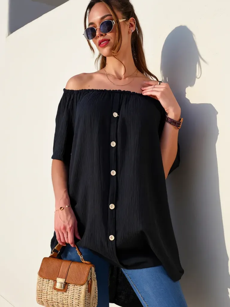 Discount Bawełniana bluzka damska a'la hiszpanka z ozdobnymi guzikami Bluzki / Koszule / Koszulki