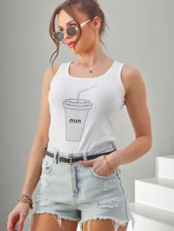 Best Bawełniana bluzka damska na ramiączkach z kubeczkiem z cyrkonii Bluzki / Koszule / Koszulki