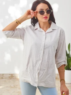 Bawełniana damska koszula w paski z wiązaniem na dole Bluzki / Koszule / Koszulki