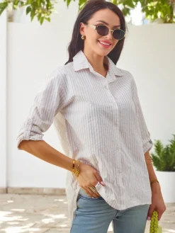 Bawełniana damska koszula w paski z wiązaniem na dole Bluzki / Koszule / Koszulki