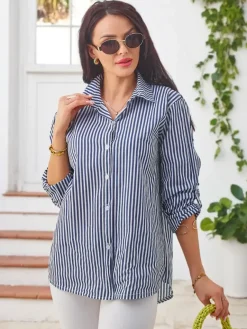 Clearance Bawełniana damska koszula w paski z wiązaniem na dole Bluzki / Koszule / Koszulki