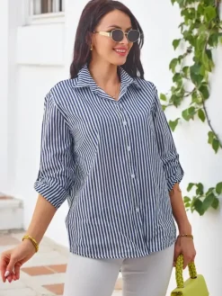 Clearance Bawełniana damska koszula w paski z wiązaniem na dole Bluzki / Koszule / Koszulki