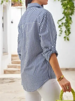 Clearance Bawełniana damska koszula w paski z wiązaniem na dole Bluzki / Koszule / Koszulki