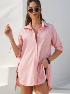 Hot Bawełniana dłuższa damska koszula w paski z wiązaniem w talii Bluzki / Koszule / Koszulki