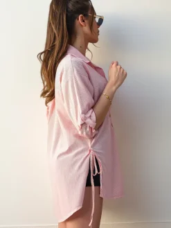 Hot Bawełniana dłuższa damska koszula w paski z wiązaniem w talii Bluzki / Koszule / Koszulki