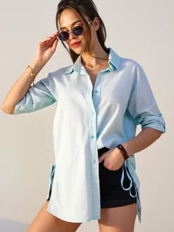 Discount Bawełniana dłuższa damska koszula w paski z wiązaniem w talii Bluzki / Koszule / Koszulki