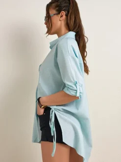 Discount Bawełniana dłuższa damska koszula w paski z wiązaniem w talii Bluzki / Koszule / Koszulki