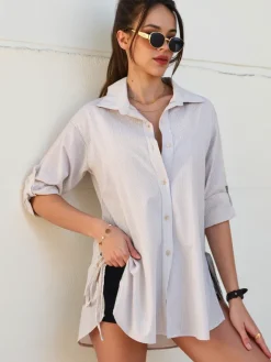 Discount Bawełniana dłuższa damska koszula w paski z wiązaniem w talii Bluzki / Koszule / Koszulki