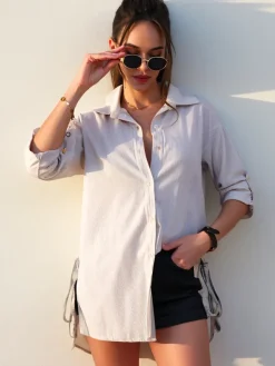 Discount Bawełniana dłuższa damska koszula w paski z wiązaniem w talii Bluzki / Koszule / Koszulki