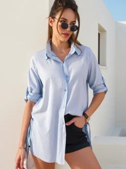 Online Bawełniana dłuższa damska koszula w paski z wiązaniem w talii Bluzki / Koszule / Koszulki