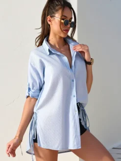 Online Bawełniana dłuższa damska koszula w paski z wiązaniem w talii Bluzki / Koszule / Koszulki