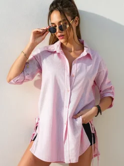 Bawełniana dłuższa damska koszula w paski z wiązaniem w talii Bluzki / Koszule / Koszulki