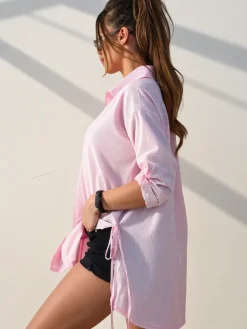 Bawełniana dłuższa damska koszula w paski z wiązaniem w talii Bluzki / Koszule / Koszulki