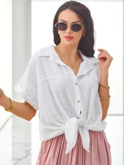 Online Bawełniana koszula damska z tłoczeniem i krótkimi rękawami Bluzki / Koszule / Koszulki