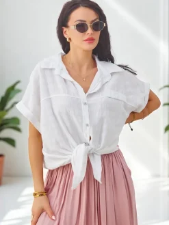 Online Bawełniana koszula damska z tłoczeniem i krótkimi rękawami Bluzki / Koszule / Koszulki