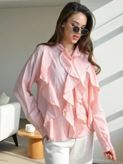 Online Bawełniana koszula zdobiona falbanami i zapinana na guziki Bluzki / Koszule / Koszulki