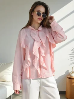 Online Bawełniana koszula zdobiona falbanami i zapinana na guziki Bluzki / Koszule / Koszulki