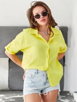 New Bawełniana koszula damska z tłoczeniem i z dekoltem w serek i rękawami 3/4 Bluzki / Koszule / Koszulki