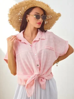 Hot Bawełniana koszula damska z tłoczeniem i krótkimi rękawami Bluzki / Koszule / Koszulki