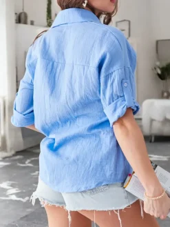 Hot Bawełniana koszula damska z tłoczeniem i z dekoltem w serek i rękawami 3/4 Bluzki / Koszule / Koszulki