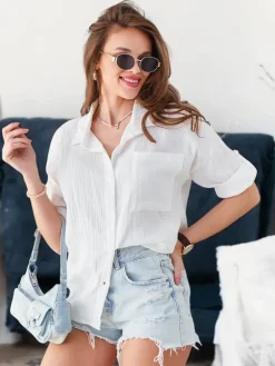 Clearance Bawełniana koszula damska z tłoczeniem i z dekoltem w serek i rękawami 3/4 Bluzki / Koszule / Koszulki