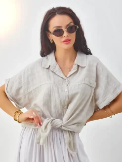 Best Bawełniana koszula damska z tłoczeniem i krótkimi rękawami Bluzki / Koszule / Koszulki