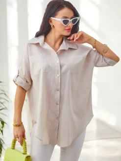 Hot Bawełniana koszula damska z rękawami 3/4 Bluzki / Koszule / Koszulki