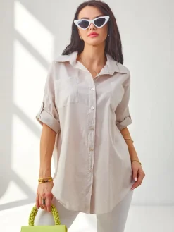 Hot Bawełniana koszula damska z rękawami 3/4 Bluzki / Koszule / Koszulki