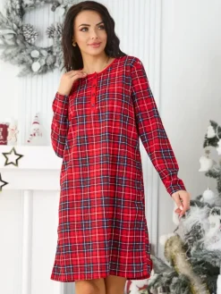 Sale Bawełniana nocna koszula damska w kratkę Piżamy