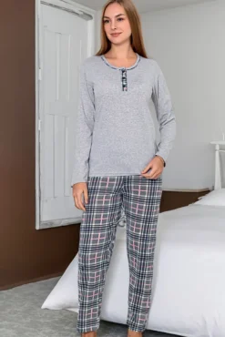 Sale Bawełniana piżama damska ze spodniami w kratkę Piżamy